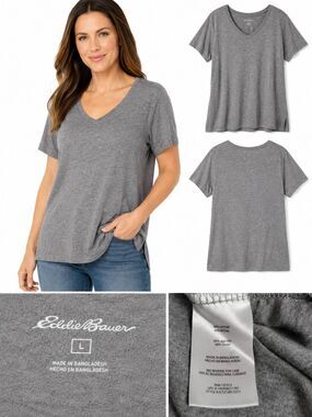 Eddie Bauer Women’s L Gray Short Sleeve V-Neck Casual Tee Cotton Modal Blend